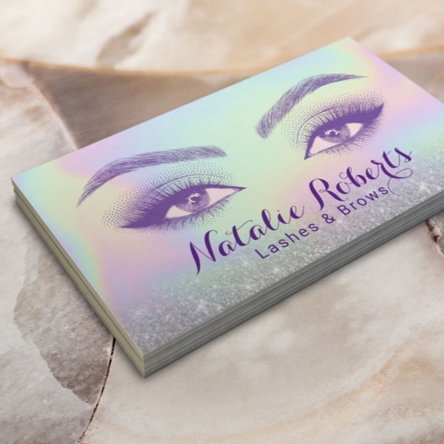 Cartão De Visita Lashes & Brows Pastel Holographic Beauty Salon SPA (Criador carregado)