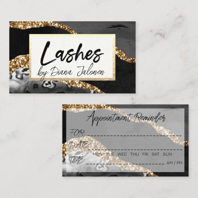 Cartão De Visita Lashes Lembrete do Compromisso Dourado Marble Pret (Frente/Verso)