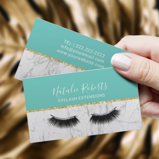 Cartão De Visita Lashes Makeup Artist Eyelash Teal & White Marble (Criador carregado)