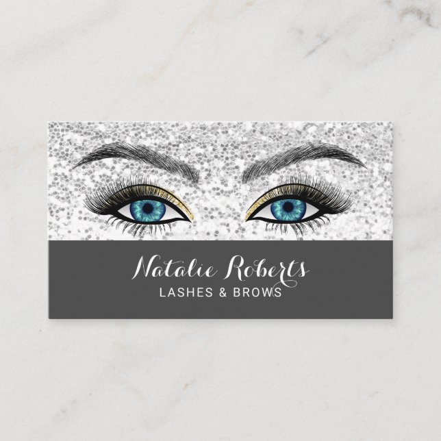 Cartão De Visita Lashes Makeup Artista Blue Eyes Silver Sequin Salo (Frente)