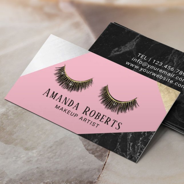 Cartão De Visita Lashes Makeup Artista Marble Silver Dourado Rosa (Criador carregado)