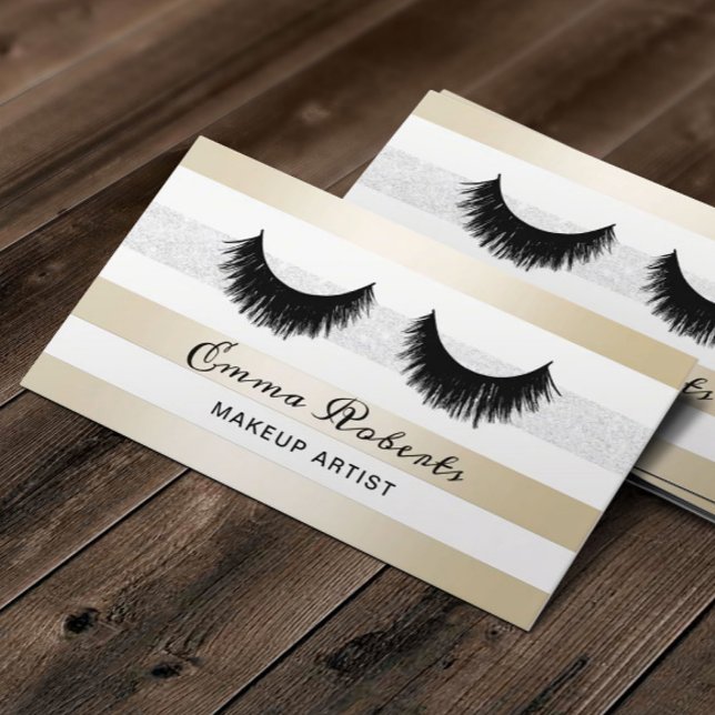 Cartão De Visita Lashes Makeup Artista Modern Dourado & Silver Stri (Criador carregado)