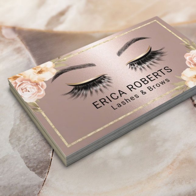 Cartão De Visita Lashes Makeup Artista Modern Floral Rosa Dourada S (Criador carregado)