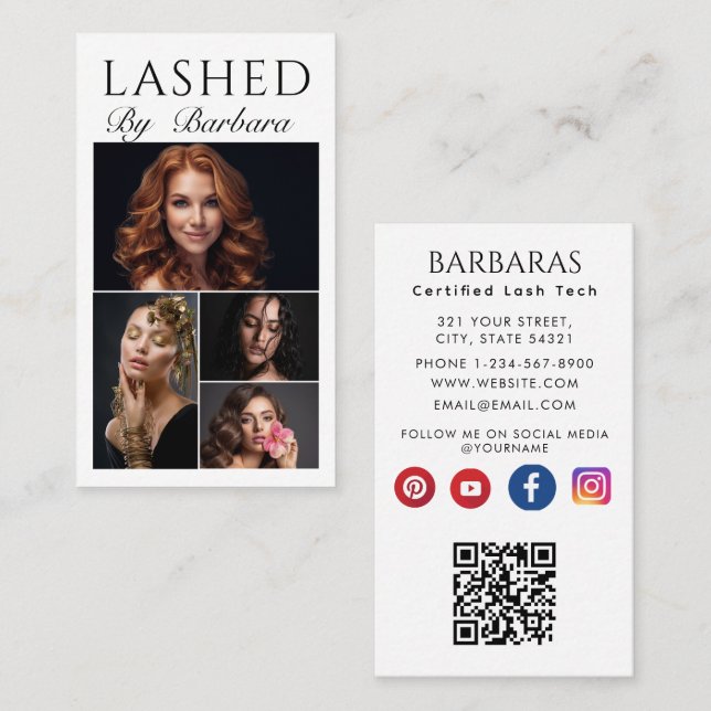 Cartão De Visita Lashes Makeup Artista Moderno Preto 4 foto qr code (Frente/Verso)