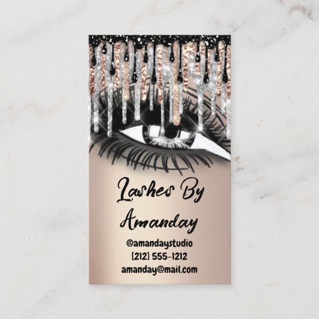 Cartão De Visita Lashes Makeup Black Drives QR Code Rosa Dourado (Frente)