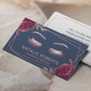 Cartão De Visita Lashes Maquiagem Marinho Azul Luxo Floral Salão