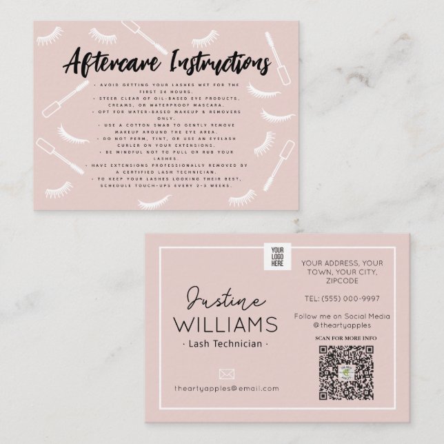 Cartão De Visita Lashes Rosa e Preto Eyelash Extensões após o cuida (Frente/Verso)