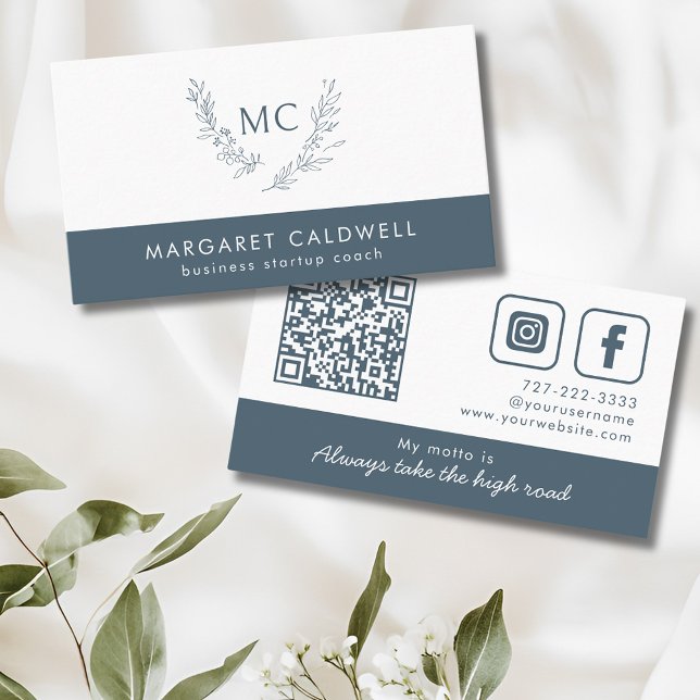 Cartão De Visita Lata Neutral do Monograma Elegante (Slate Gray Monogram Wreath Social Media Business Card)
