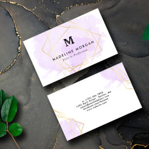 Cartão De Visita Lavanda Aquarela Faux Dourado Monograma Geométric