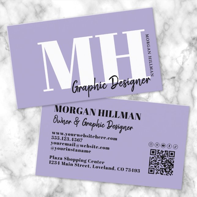 Cartão De Visita Lavanda Código QR Monograma Puro (Lavender QR Code Purple Monogram Business Card )