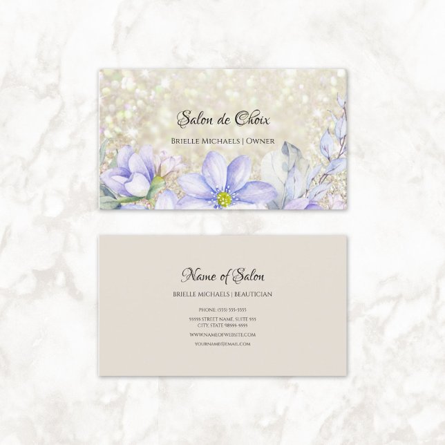 Cartão De Visita Lavanda Eetérea Luxúria Floral Salão Lúpulo (Ethereal Lavender Floral Luxury Glitter Salon Business Cards)