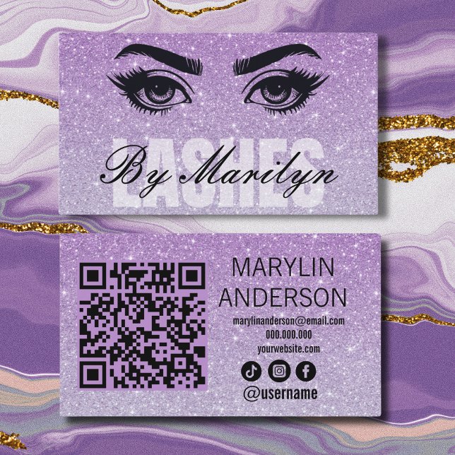 Cartão De Visita Lavanda Glitter Lash Tech QR Code Scannable (Criador carregado)