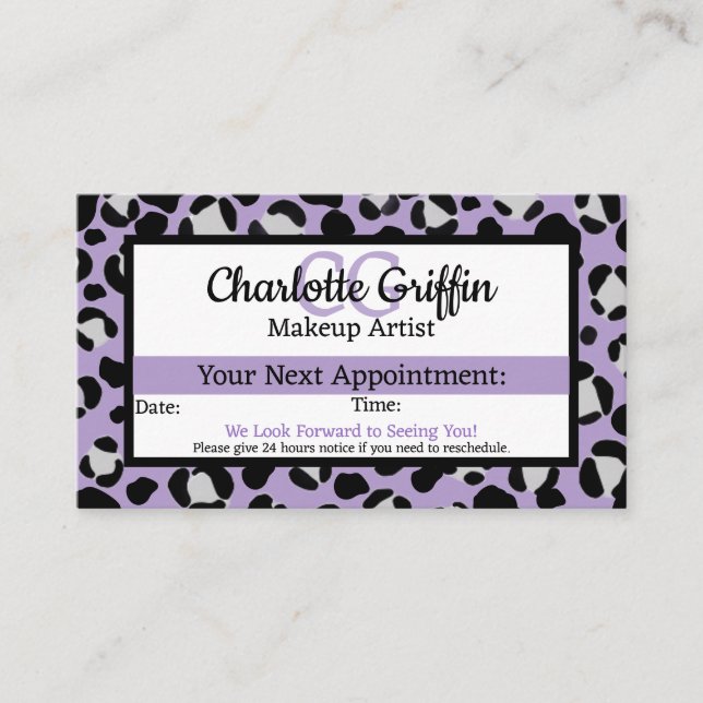 Cartão De Visita Lavanda Púrpura Lash Leopardo e Compromisso de Maq (Frente)