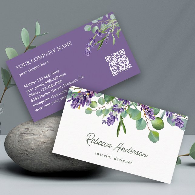 Cartão De Visita Lavanda russa - Código QR Floral Eucalyptus (Criador carregado)