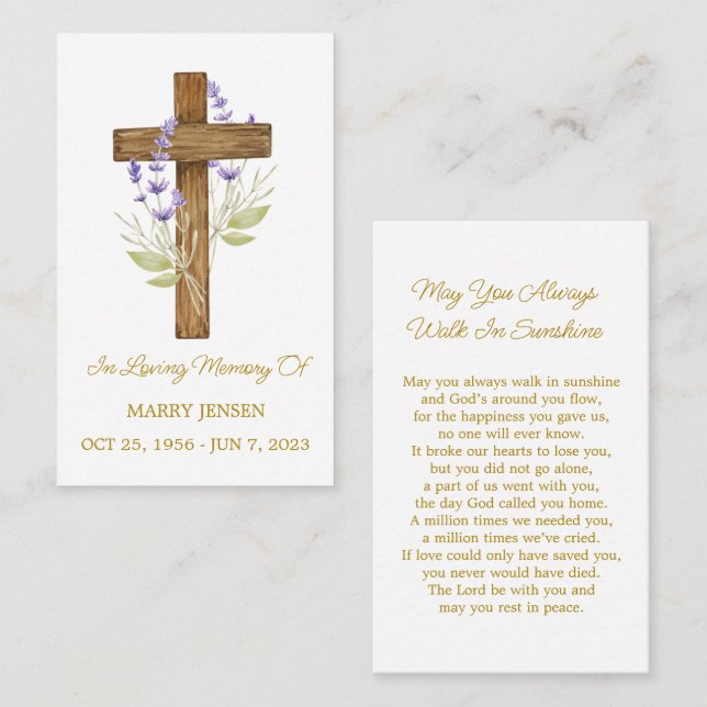 Cartão De Visita Lavender Cross Memorial Funeral Prayer Card (Frente/Verso)