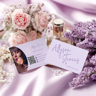Cartão De Visita Lavender Modern name script makeup hair logo qr