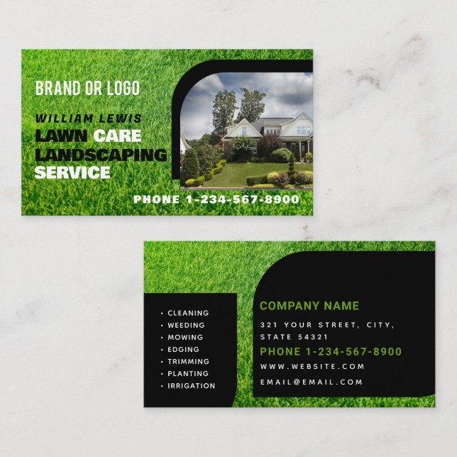 Cartão De Visita Lawn Care Photo Landscaping Mowing Business Logo (Frente/Verso)