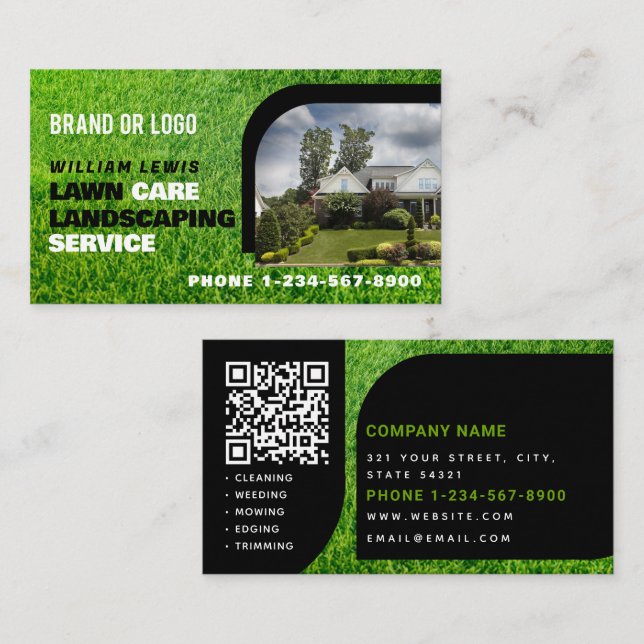 Cartão De Visita Lawn Care Photo Landscaping Mowing QR Code (Frente/Verso)