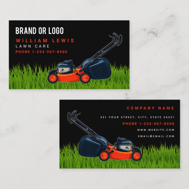 Cartão De Visita Lawn Care Red Lawnmower Landscaping Mowing Logo (Frente/Verso)