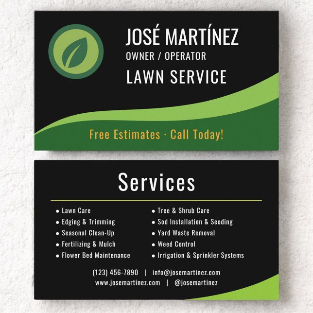 Cartão De Visita Lawn Service Landscaping Mowing Black Green  (Criador carregado)