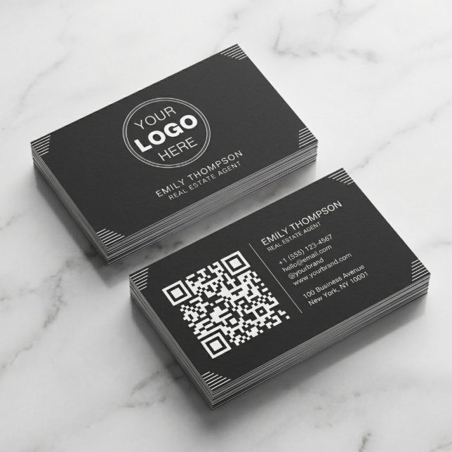 Cartão De Visita Layout de QR Code Art Déco Minimalista Preto (Modern Black Business Card Design with QR Code | Minimalist Branding)