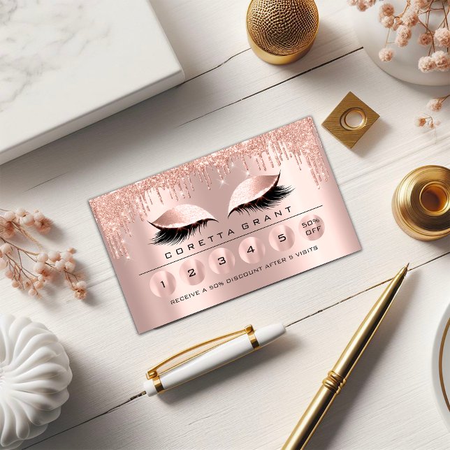 Cartão De Visita Lealdade 6 Makeup Esthetician Eyelash Rosa (Loyalty 6 Makeup Esthetician Eyelash Rose Drips Business Card)