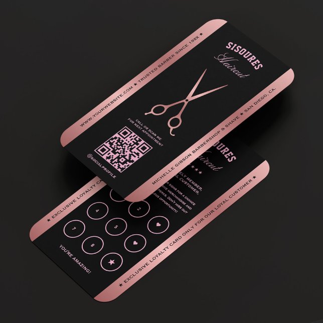Cartão De Visita Lealdade à tesoura Black Rosegold Elegante Barber (Elegant Barber Black Rosegold Scissors Loyalty Business Card
)