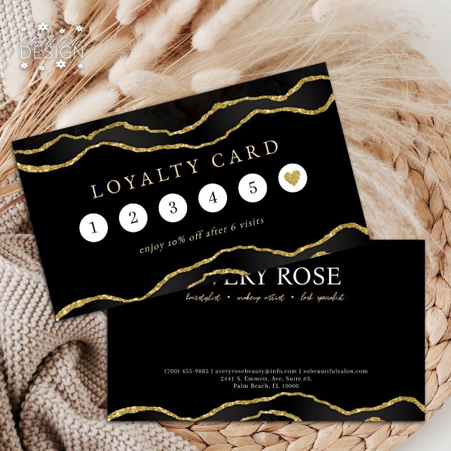 Cartão De Visita Lealdade de Beleza do Salão de Bela Agata Preta e  (Criador carregado)