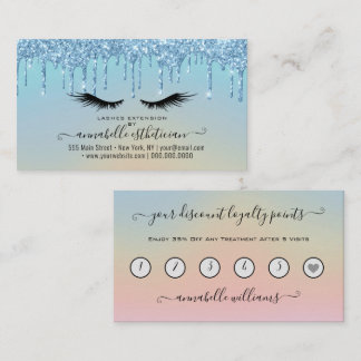Cartão De Visita Lealdade de Extensão de Eyelash Azul Glitter