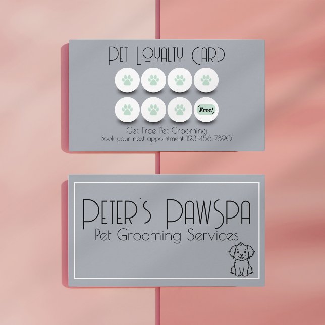 Cartão De Visita Lealdade de pata de cão que se alicia (pamper dog, dog spa, grooming service, pet or vet loyalty card, dow paws, gray, green business card)