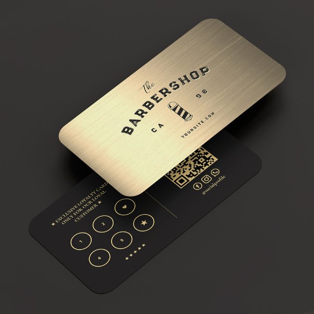 Cartão De Visita Lealdade Dourada do Barber Barber Faux (Modern Barbershop Barber Black Gold Loyalty Business Card
)