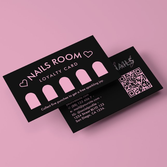Cartão De Visita Lealdade Preta-Rosa Terapista do Spa Nail (Nail Spa Therapist Black Pink Loyalty Business Card
)