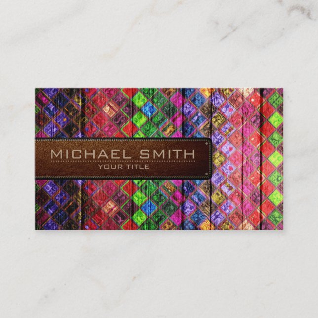 Cartão De Visita Leather Elegante Geométrica De Madeira Olhando #19 (Frente)