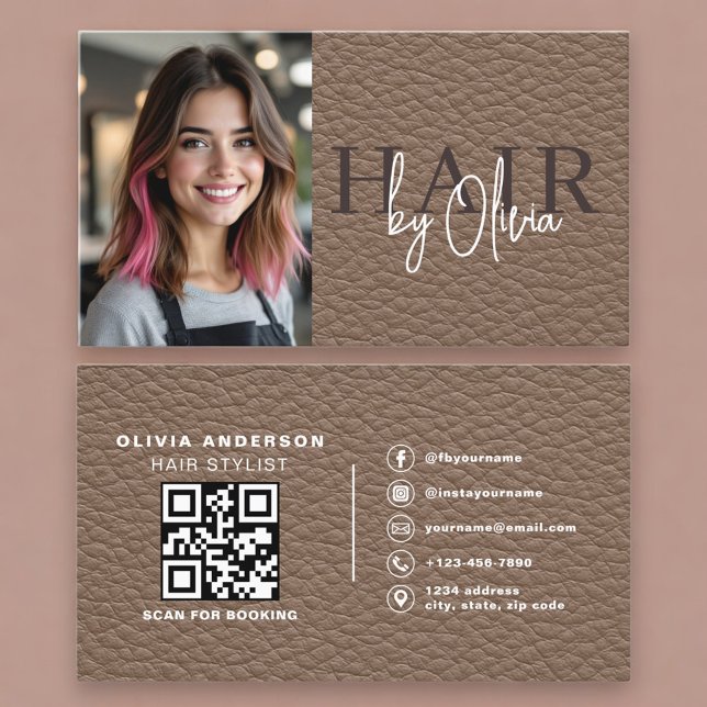 Cartão De Visita Leather Hair Stylist Photo QR Code  (Criador carregado)