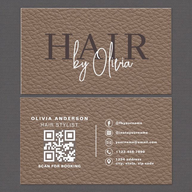 Cartão De Visita Leather QR Code Hair Stylist (Criador carregado)