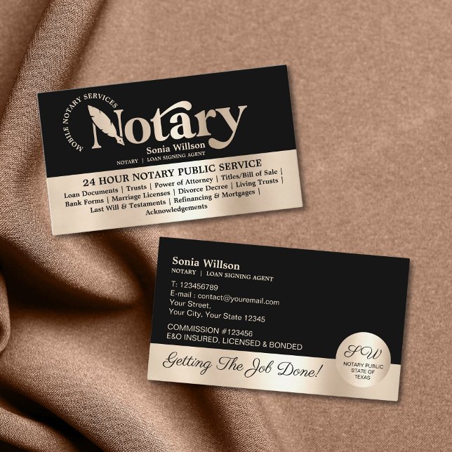 Cartão De Visita Lei do agente de assinatura do notário e do emprés (gold notary calligraphy logo)