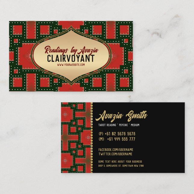 Cartão De Visita Leitor de Tarot da Deusa Dourada Vermelha Negra (Frente/Verso)