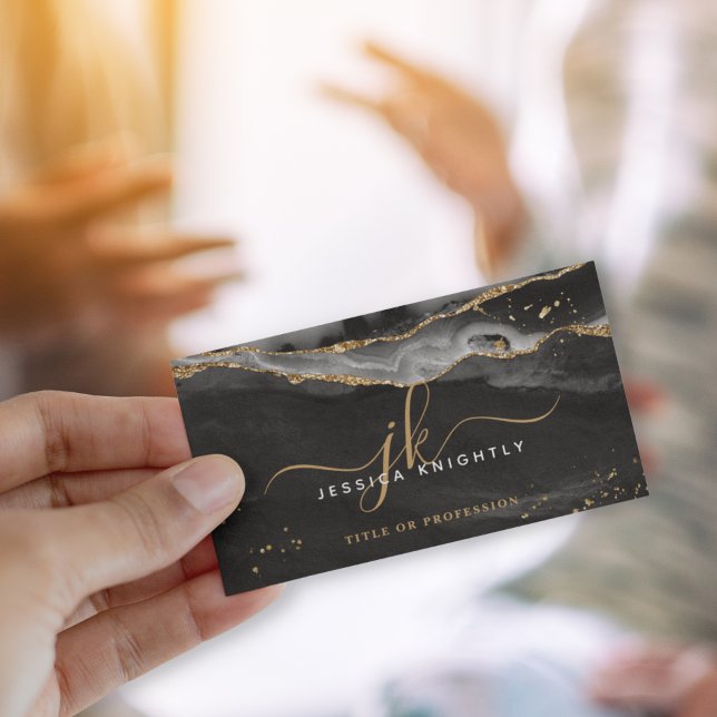 Cartão De Visita Leitura Dourada de Agitação Preta de Monograma de  (Criador carregado)