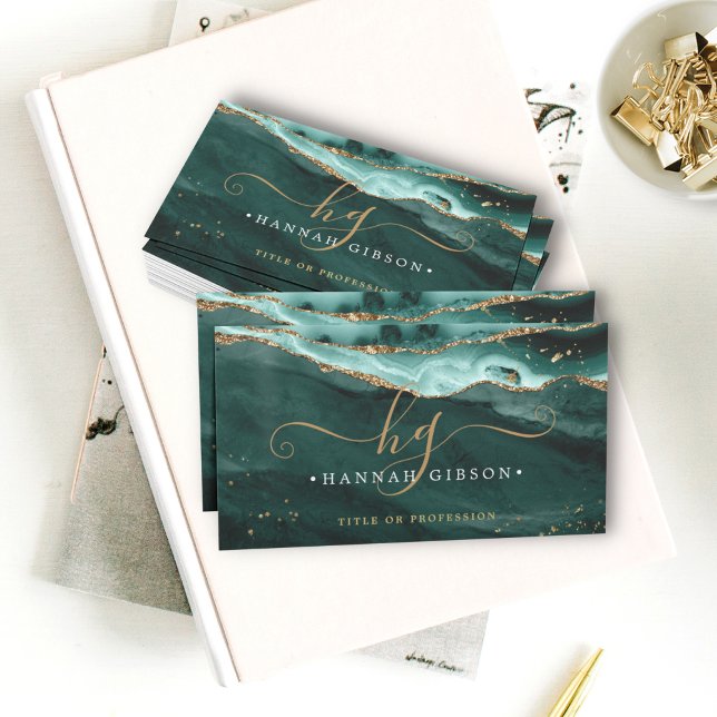 Cartão De Visita Leitura Dourada Falsa Do Monograma Agato Turquesa (Criador carregado)