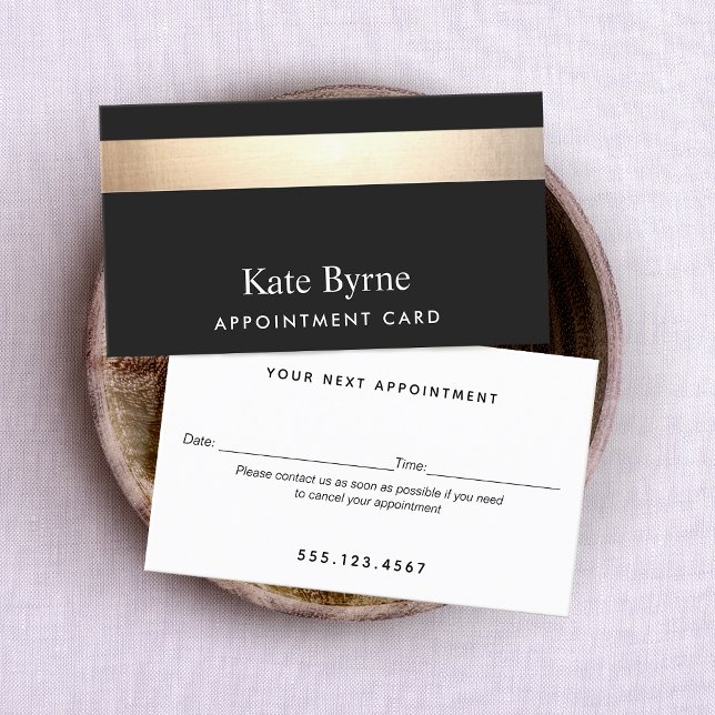 Cartão De Visita Lembrete de Compromisso Dourado Preto Moderno Eleg (Business card appointment reminder with Simulated Gold foil stripe on back background)