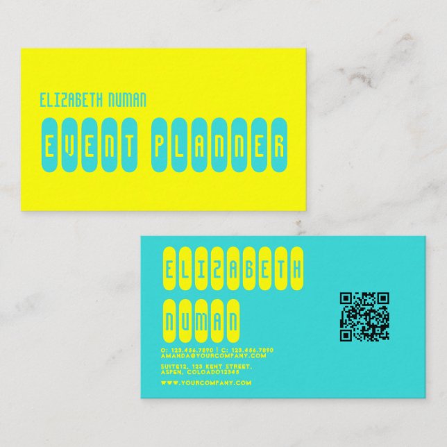 Cartão De Visita Lemon Yellow e Turquoise Typografia QR Code (Frente/Verso)