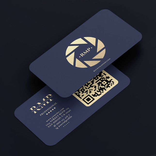 Cartão De Visita Lente Dourada da câmera Fotógrafo Azul Marinho Esc (Gold Camera Lens Dark Navy Blue Photographer Business Card
)