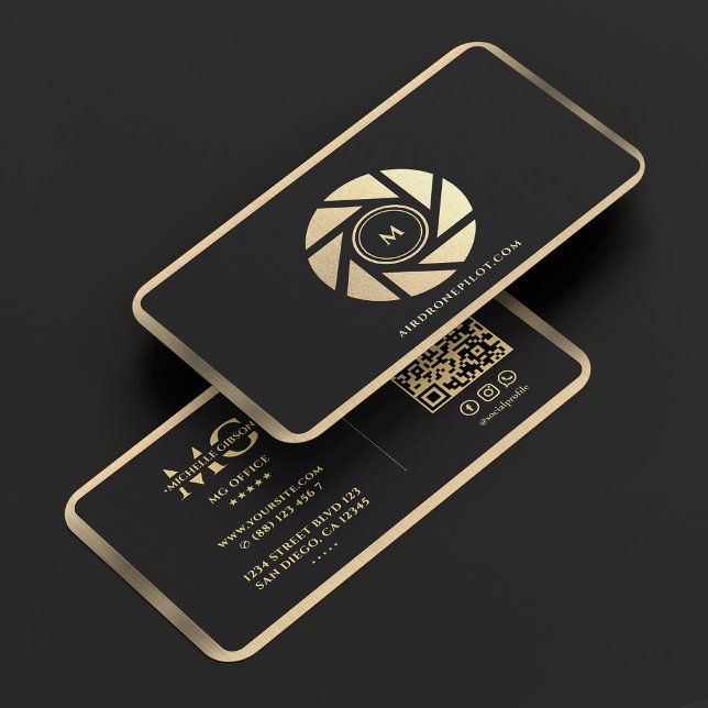 Cartão De Visita Lente Dourada Elegante Elegante Piloto Drone (Drone Pilot Professional Elegant Black Gold Lens Business Card
)