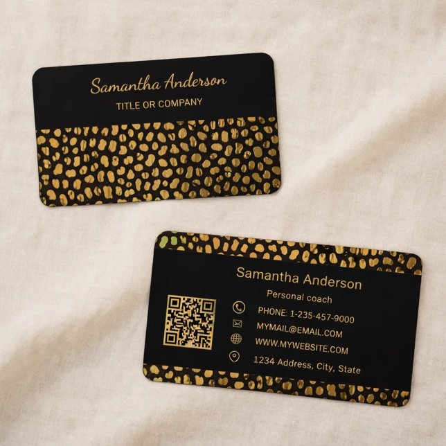 Cartão De Visita Leopard Black Gold Print QR Code luxury (Criador carregado)