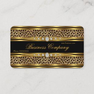Cartão De Visita Leopardo Dourado Elegante Preto Falso Diamante