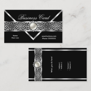 Cartão De Visita Leopardo Elegante Preto Prata Diamante Pérola 2