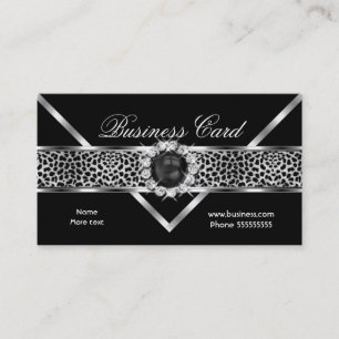 Cartão De Visita Leopardo Elegante Preto Prata Diamante Pérola Pret