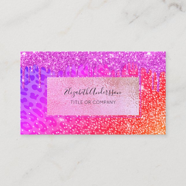 Cartão De Visita Leopardo rosa-púrpura pingue-goteja ouro (Frente)