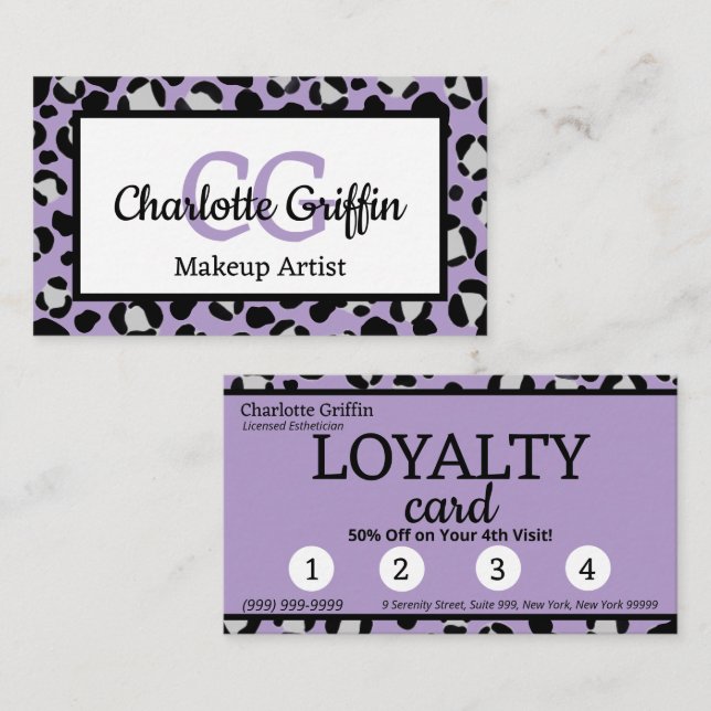 Cartão De Visita Leopardo roxo lavanda Imprimir Lash Leopard Fideli (Frente/Verso)