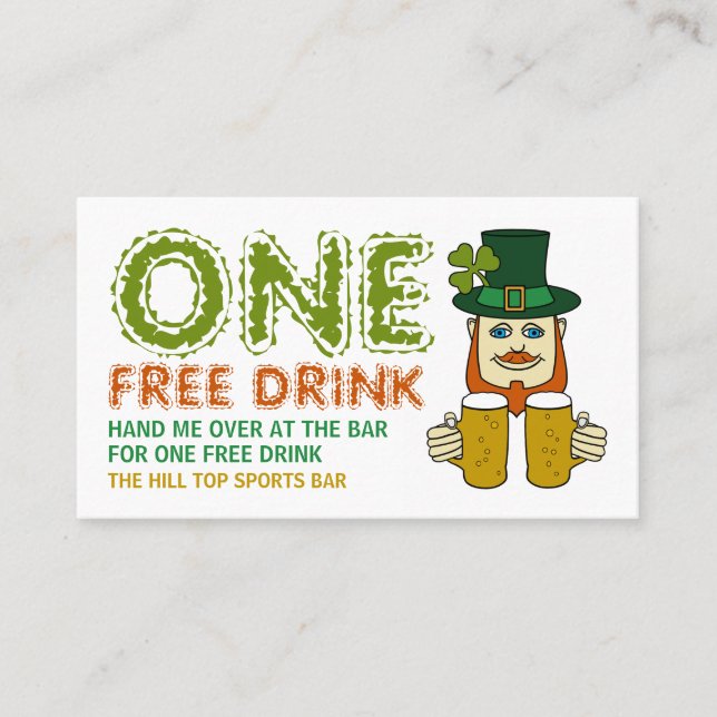 Cartão De Visita Leprechaun Irlandês, Tíquete de Drinks de Dia de S (Frente)